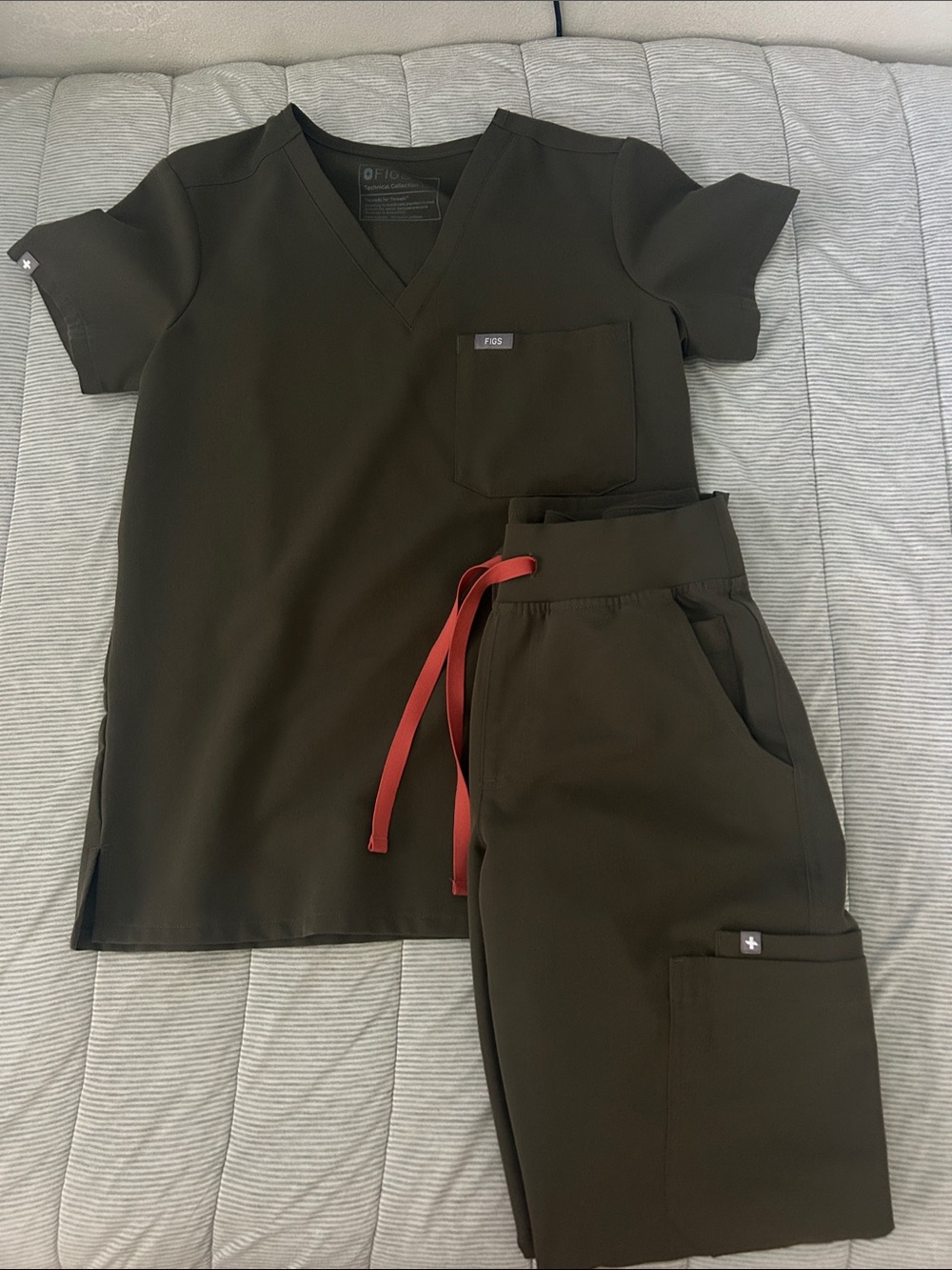 Figs Olive Green Scrub Set with Red Drawstring